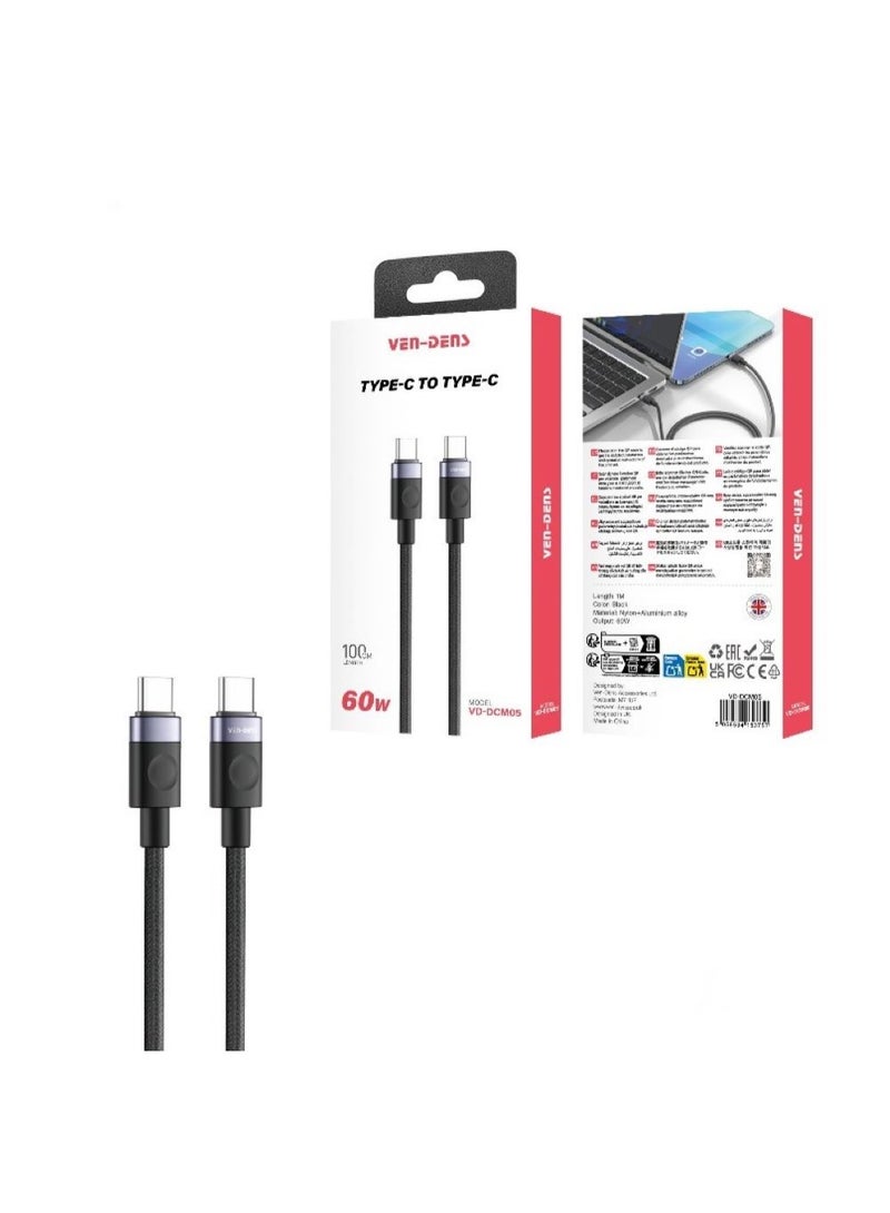 فين ديونز كابل شحن ونقل بيانات سريع من النوع C إلى النوع C بقدرة 60 واط، كابل USB-C متين لأجهزة الكمبيوتر المحمولة والأجهزة اللوحية والهواتف الذكية - 1 متر - Image 1
